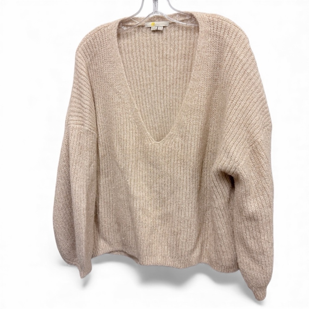 Boden Oversized V Neck Cable Knkt Pullover Cream Metallic Sweater Size 14 - Picture 2 of 13